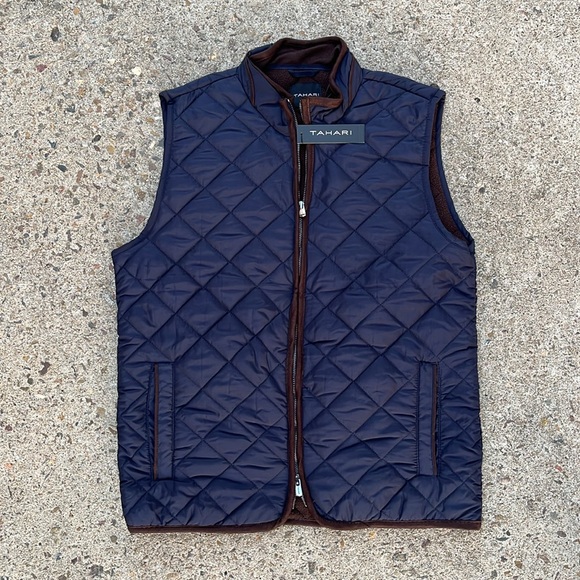 TAHARI Quilted Vest Zipper Pockets Navy Blue Brown Trim Size XXL New NWT - Picture 9 of 9